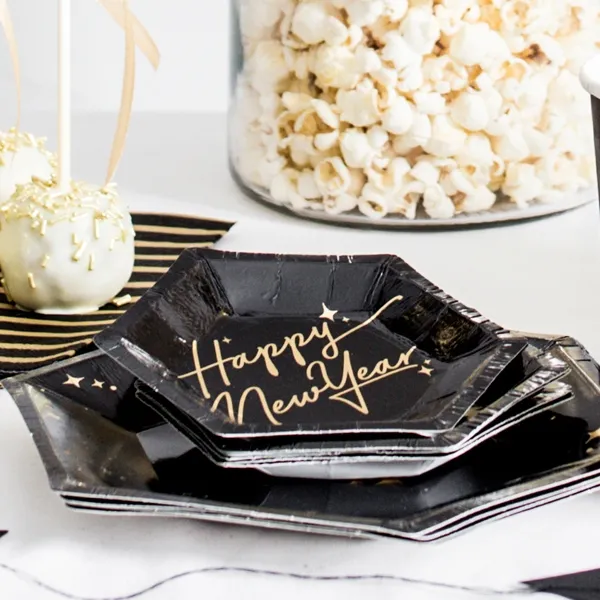 Happy New Year - 6 Mini Pappteller Schwarz & Gold