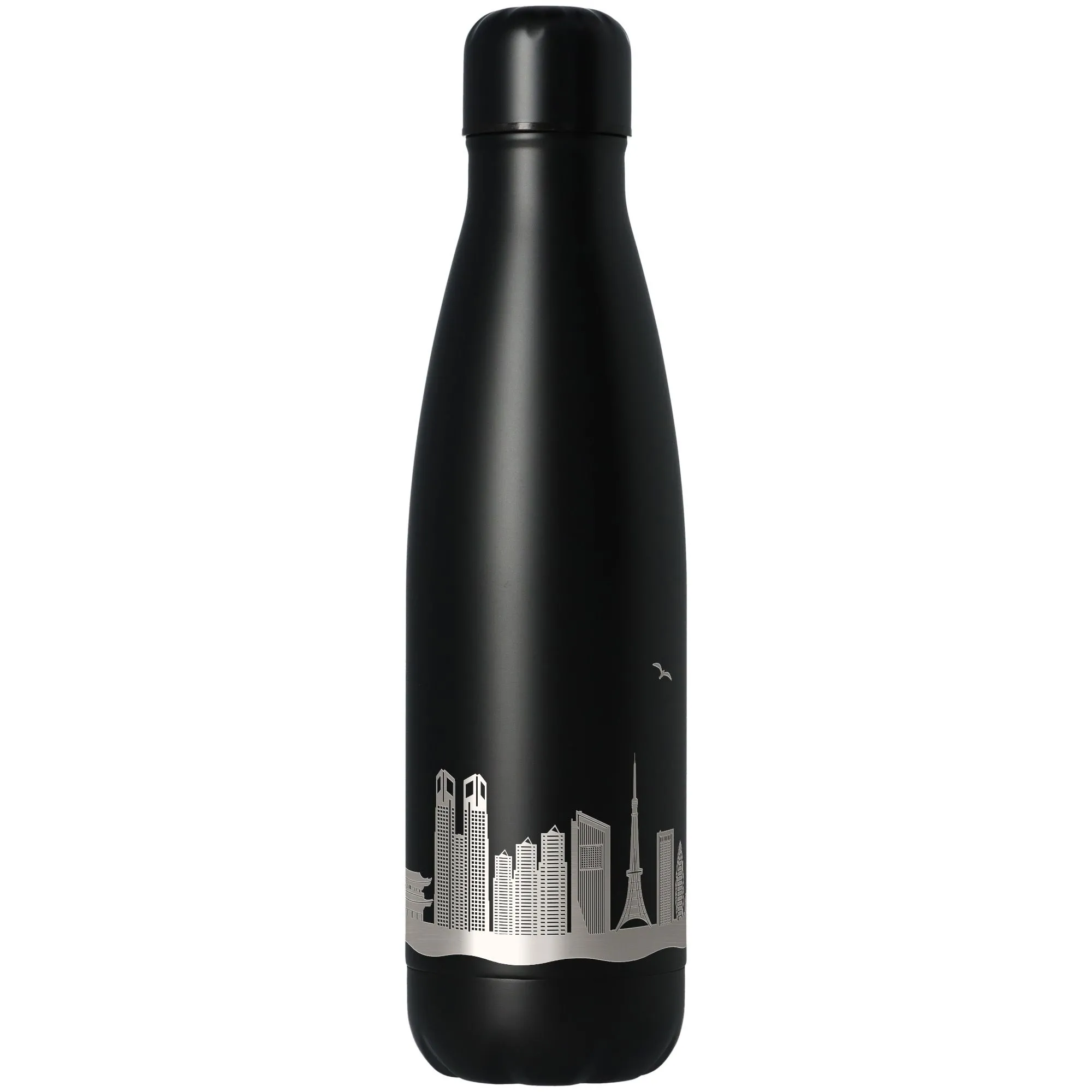 thermos, stainless steel, black, city skyline, insulated bottle