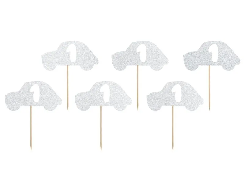 6 Cake Topper "Autos" zum 1. Geburtstag, silber