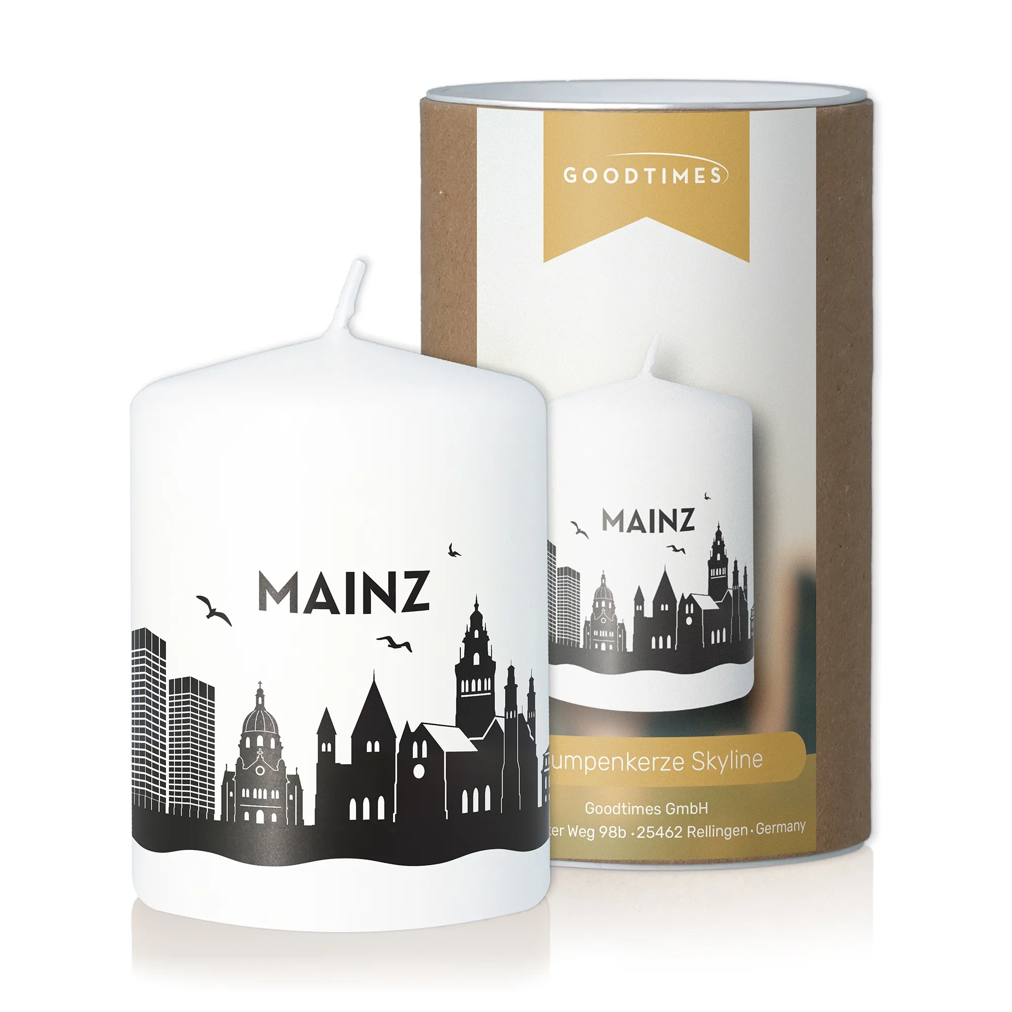 Stumpenkerze Skyline Mainz Weiß
