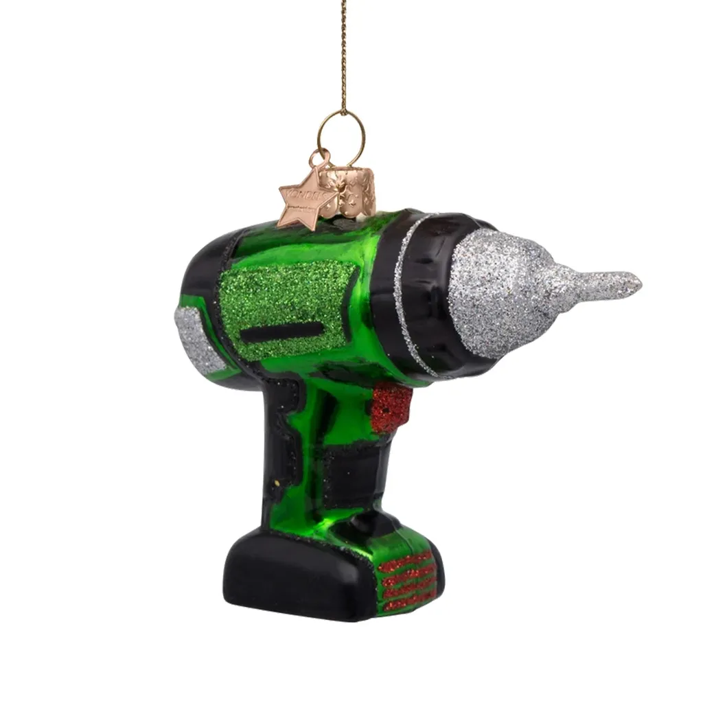 Schmuckanhänger, Glitzer, Grüner Akku-Bohrer, Weihnachtsbaumschmuck, Glitzernd