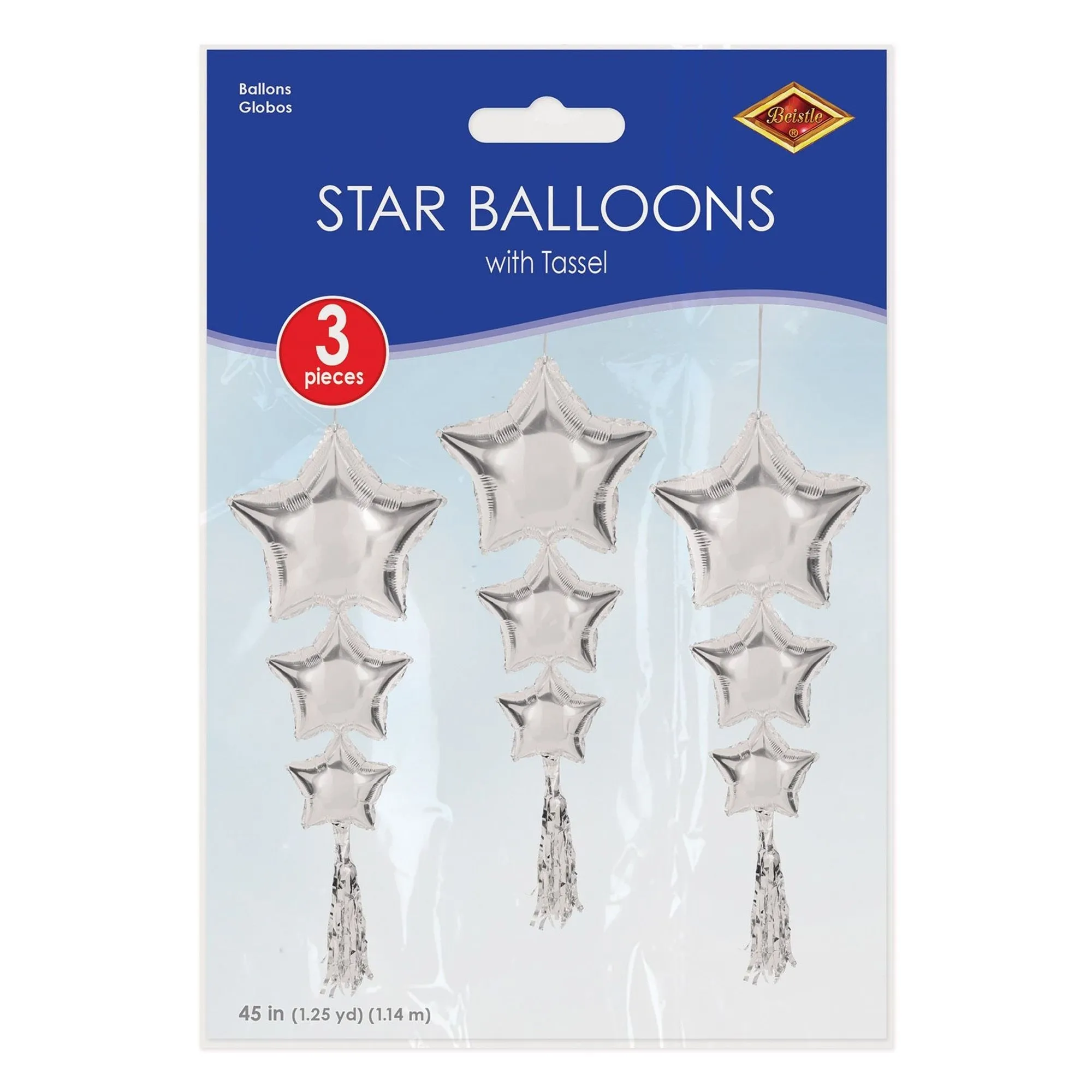 3 Stern Ballons mit Tasseln "Silber"
