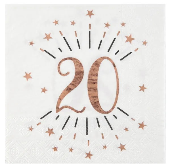 10 Servietten "20. Geburtstag" Weiß/Rosegold