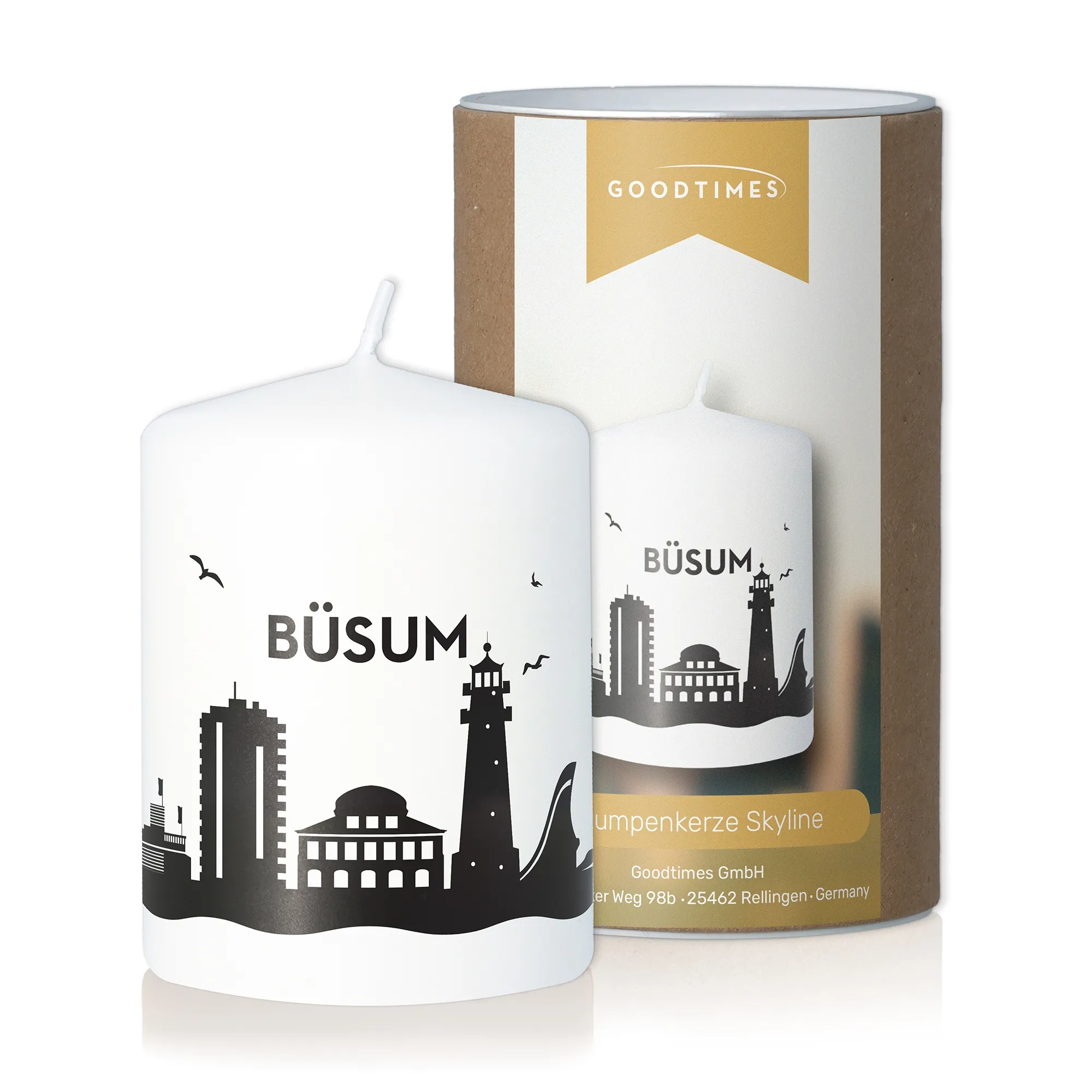 Stumpenkerze Skyline Büsum Weiß