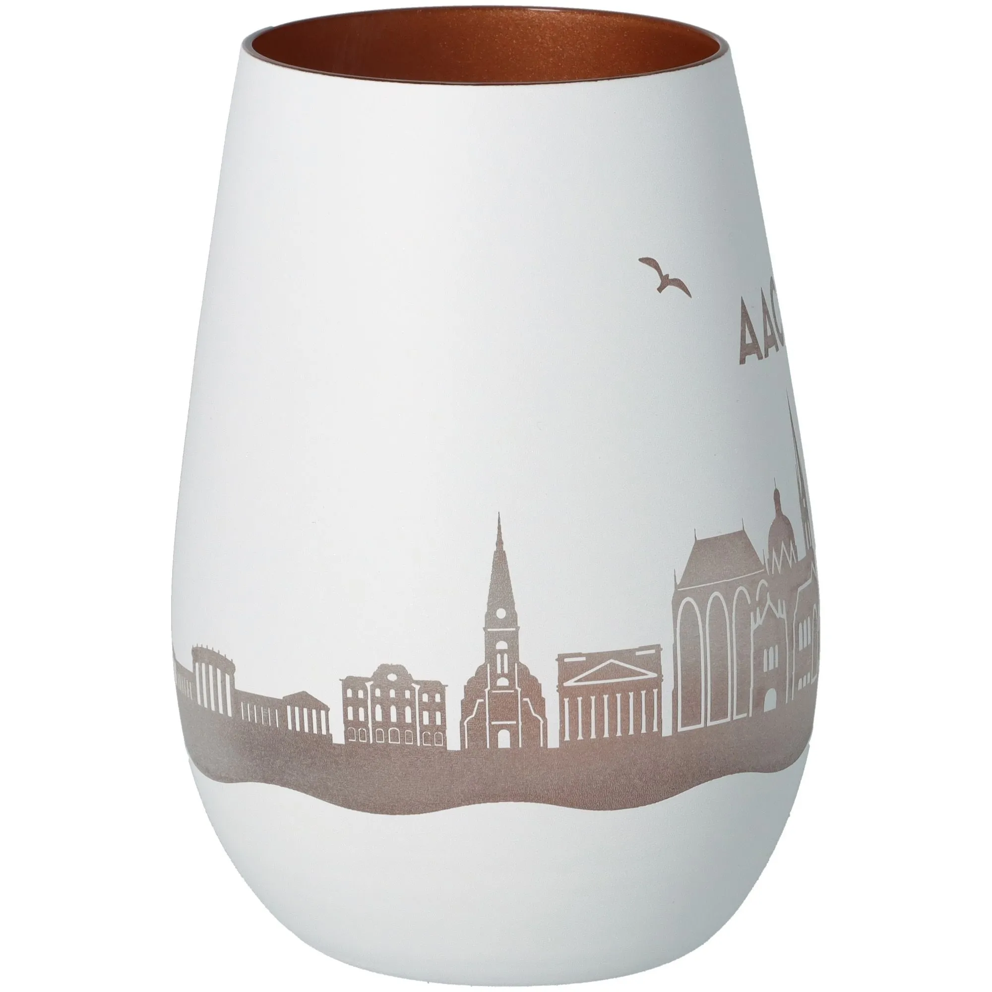 vase, porzellan, weiß, stadtsilhouette, braune rand