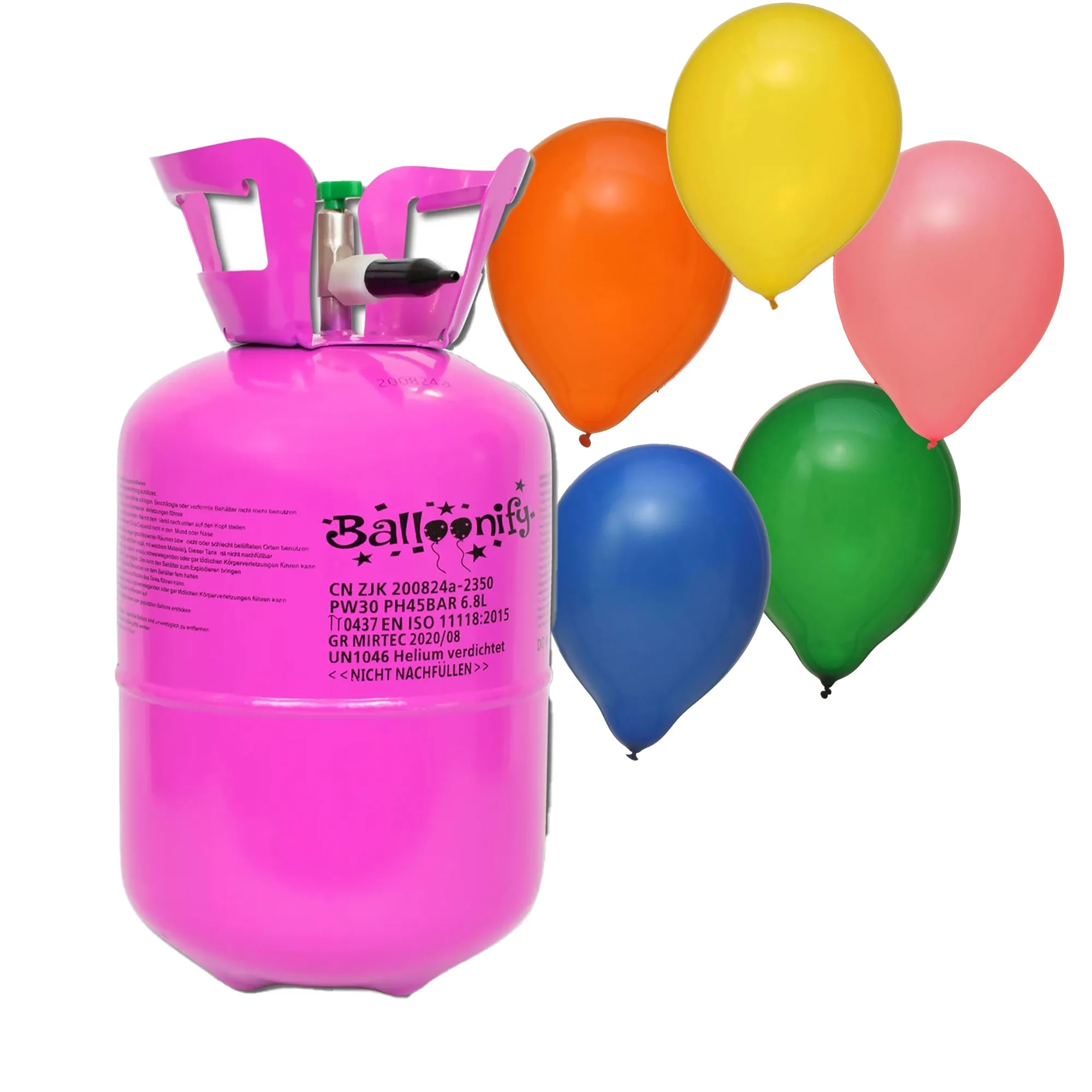 30er Ballonset: 30 bunte Ballons (23 cm) und Bänder mit Helium Einweg-Flasche