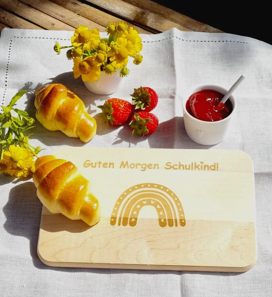 Frühstücksbrettchen Guten Morgen Schulkind Regenbogen Herz 23cm x 15cm x 1cm