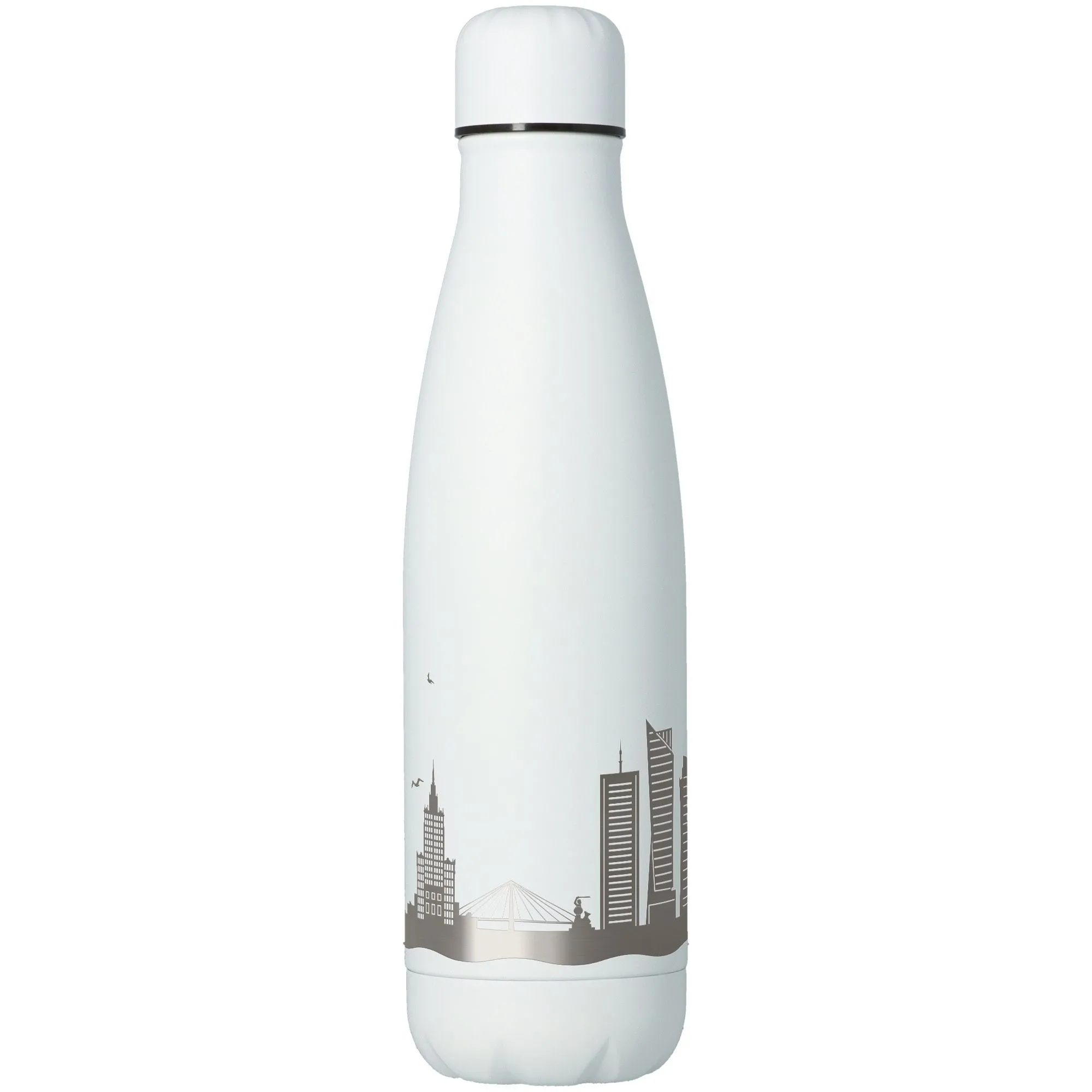 Thermalflasche, Isolierflasche, Stahl, Weiß, Stadt-Silhouette