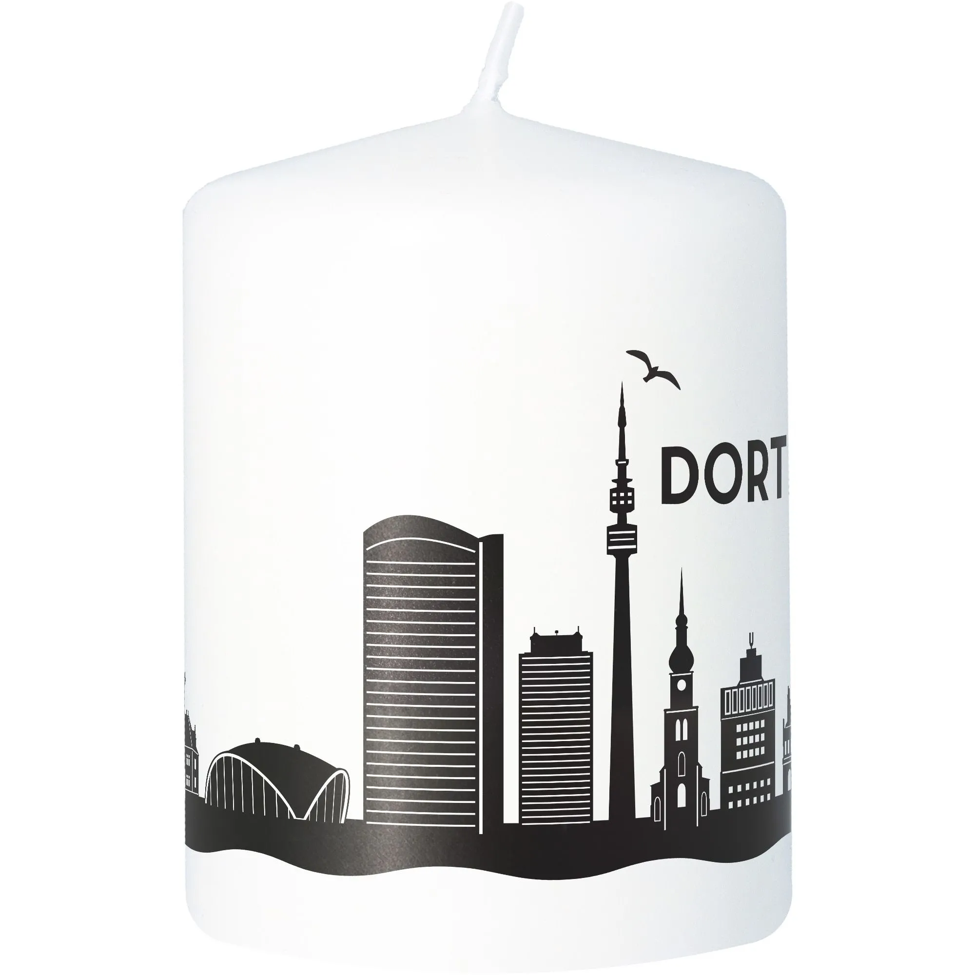 Stumpenkerze Skyline Dortmund Weiß