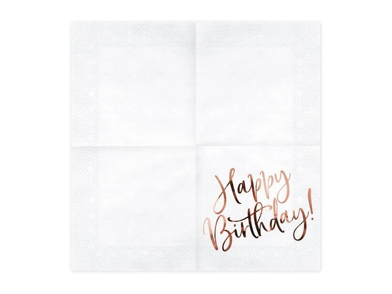 20 Servietten "Happy Birthday",  Weiß/Roségold