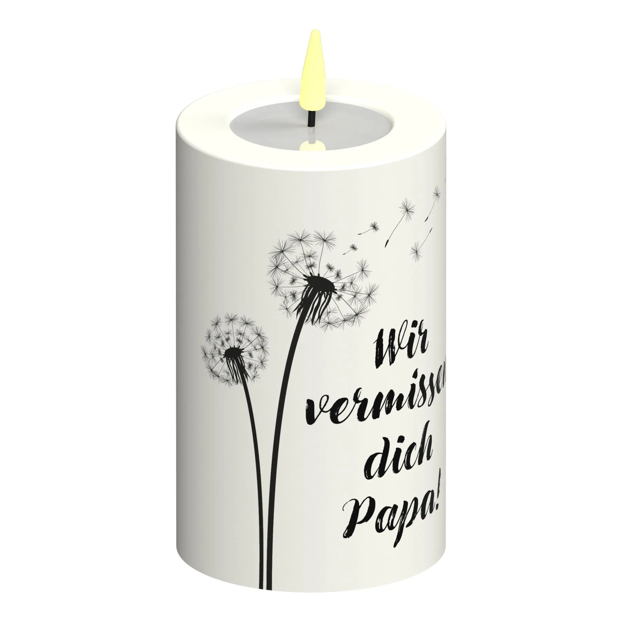 LED Stumpenkerze Weiß Pusteblume "Wir vermissen dich Papa!"