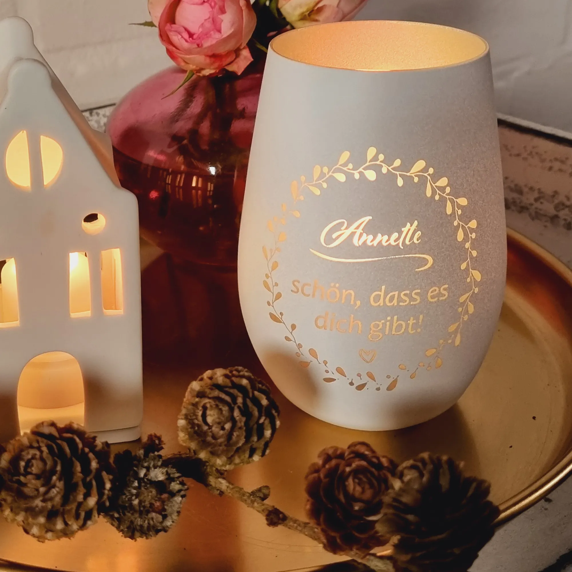 Windlicht Schön, dass es dich gibt "Name" Schwarz/Silber 465ml